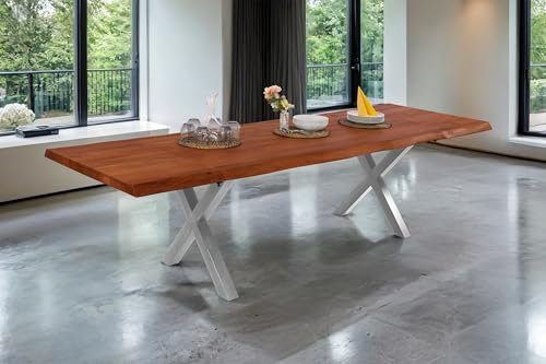 SAM Esstisch Cali mit Ansteckplatten | 200 x 100 cm (erweiterbar auf 300 x 100 cm) | Akazie massiv & nussbaumfarben | echte Baumkante | X-Gestell Metall Silber | Baumkantentisch/Esszimmertisch