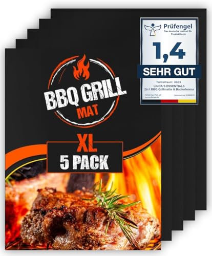 Große BBQ Grillmatte für Gasgrill, Elektro und Holzkohle (5er Pack) 40 x 32cm - Wiederverwendbare, hitzebeständige Grillmatten für Holzkohle, Teflon Grillmatte, Grillfolie, Grill Zubehör