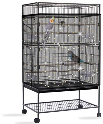 Mngren Grande housse de cage à oiseaux, filet extra large, doux et aéré, attrape-semences, perroquets, cordon de serrage réglable, pour cages rondes carrées (noir, étoiles à paillettes)