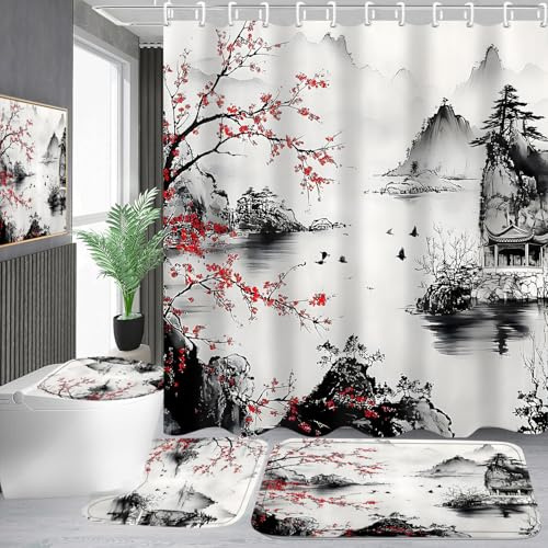 Pretyw Ensemble de rideau de douche 4 pièces avec rideau de douche et tapis, rideau de bain de style japonais avec crochets pour décoration d'intérieur