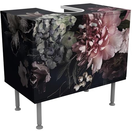 micasia Waschbeckenunterschrank 2 Türen Blumen höhenverstellbar mit Füßen - 60er Breite - originell Modern Unterschrank schwarz Bad Gäste WC Möbel mit Motiv 1853