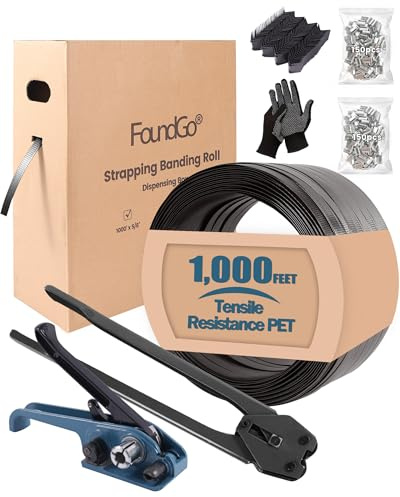 FoundGo1000FT/300M PET Banding Strapping Kit for Heavy Duty Durable Pallet Packaging Strapping Tool with >1500lbs 5/8 x 1000' PET Strapping Roll & its own Pull-Out Box 100 Corner Protectors 300 Seals