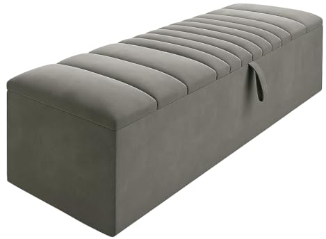 Large Plush Velvet Upholstered Ottoman Bench with Storage Blanket Box (Plush Grey, 5ft king size)