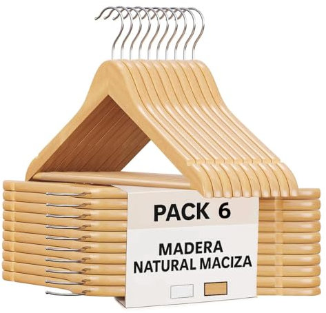 ACCRUX-Perchas de Madera Color Natural, Colgador Antideslizante con Barra para Pantalones y Trajes, Gancho Giratorio 360º y Muescas Antideslizantes para Vestidos y Blusas. (Madera, 6 Unidades)
