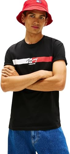 Tommy Jeans Herren T-Shirt Kurzarm Signature Stripe aus Baumwolle, Schwarz (Black), XXL
