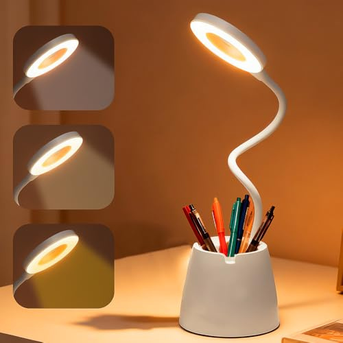YANGUN Schreibtischlampe Kinder, LED Dimmbare Tischlampe mit Touch-Schalter und Stifthalter, 3 Farbmodi & 3 Helligkeitsstufen,USB Wiederaufladbare Dimmbare Nachttischlampe (Weiß)