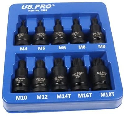 US PRO 10-Piece 1/2 Drive Impact Spline Bit Socket Set, M4-M18T, S2 Bit with CR-V Socket