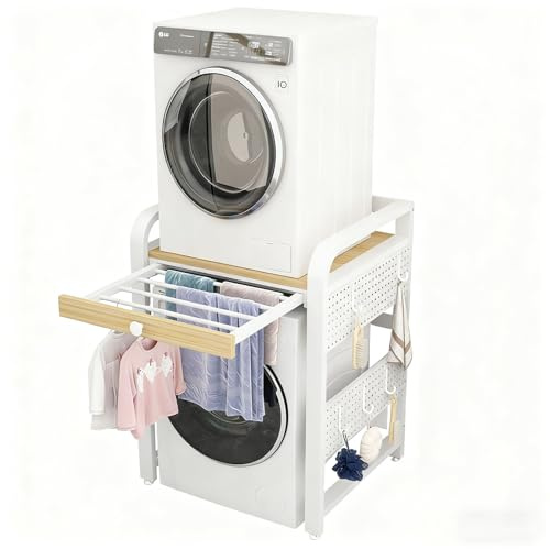 Schrank Waschmaschine Trocknerständer Regal über Waschmaschine Und Trockner übereinander mit Lochblech Und Ausziehbarem Kleiderbügel 200 Kg Tragkraft Geeignet Für Waschküchen Woh WhiteFrame+WalnutTop