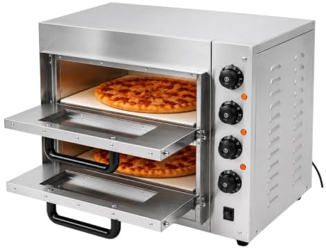 Mqwdxzfes 3000W Elektrischer Pizzaofen, Professioneller Doppelstock-Pizzaofen mit Timer & Temperaturkontrolle, Edelstahl Tisch Pizza Backofen, Gastro Pizzagerät für Haushalt Küche Restaurant, 50-350℃