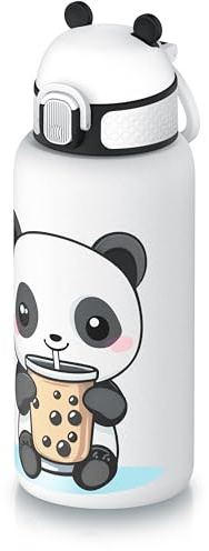 Arendo - Trinkflasche Kinder Edelstahl - Thermobecher mit Strohhalm mit Panda Aufdruck – 500 ml Füllmenge – aus Edelstahl – doppelwandig - auslaufsicher – Spülmaschinengeeignet bis 50 Grad