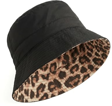 MAPIMANIA - Sombrero de Lluvia Mujer Impermeable – Negro y Leopardo, Bucket Hat antilluvia, Plegable para Viaje y Ciudad
