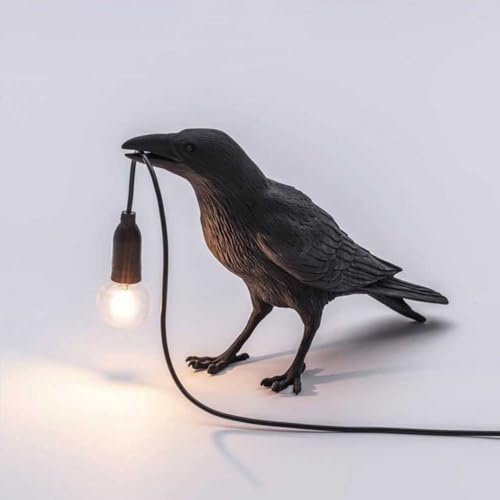 OOWDMPE E14 Vogel Tischlampe mit Kabel Kreative Kunstharz Krähe Tischleuchte Moderne Tiere Nachttischlampe Dekorative Kleine Lampe für Schlafzimmer Wohnzimmer（mit Leuchtmittel） (Schwarz)