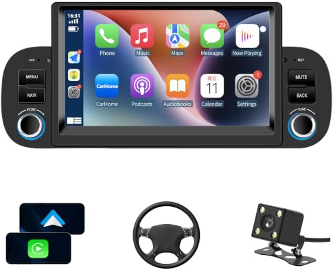 Autoradio Fiat Panda 2013-2020 con Android Auto y CarPlay Inalámbrico, 7 Pantall Radio Coche Bluetooth Estéreo IOS Android con FM GPS Navegación USB Cámara Trasera Mic Reproductor Multimedia