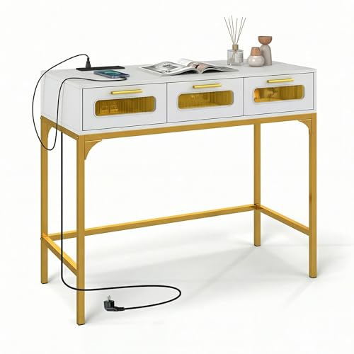 RELAX4LIFE Table de Console avec Éclairage LED RVB et Prises de Courant, Table d'Entrée Moderne avec 3 Tiroirs, Bout de Canapé en Métal et Bois pour Couloir, Salon, Chambre, 90 x 40 x 75 cm (Blanc)