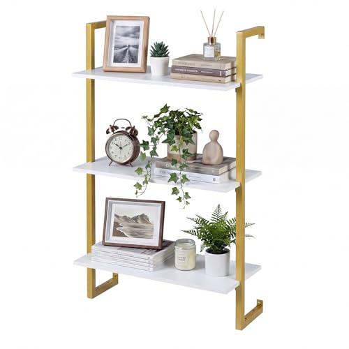 COSTWAY 3-Tier Ladder Shelf, Floating Wall Bookshelf Open Display Rack, Metal Frame Wall Mounted Bookcase Storage Shelving Unit for Living Room, Kitchen, Office (White+Gold, 53x23x90cm)