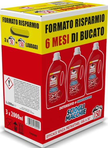 Omino Bianco - Detersivo Lavatrice Liquido Scioglimacchie 2in1, 150 Lavaggi, Rimuove Macchie Difficili, Rispetta Bianchi e Colorati, 2000 ml x 3 Confezioni | Pulisce in profondità, protegge i colori, tecnologia salva colore anti grigiore, specifico per capi colorati.