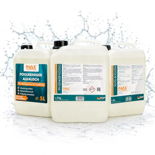 INOX Pool Pflegeset 3x5L - Algizid für Pool, pH Minus Flüssig, Pool Randreiniger alkalisch - Komplettpflege Made in Germany für alle Poolarten