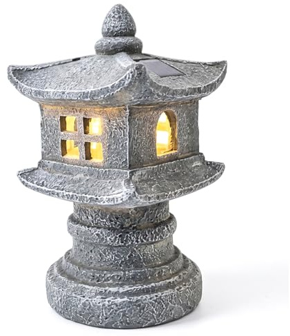Faticenic Statua da giardino a pagoda, Lanterne solari giapponesi, Statua da giardino a pagoda energia solare, Lanterna in pietra giapponese in resina per l'arredamento del patio all'aperto, Grigio