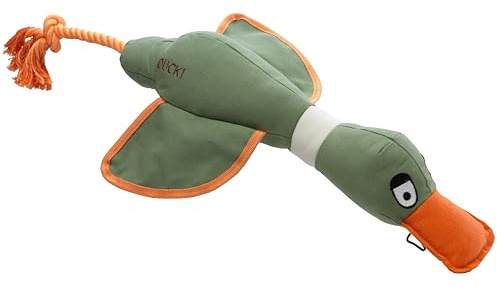 House of Paws Large Kahki Duck, Cotton Canvas Thrower Dog Toy with Rope and Squeaker