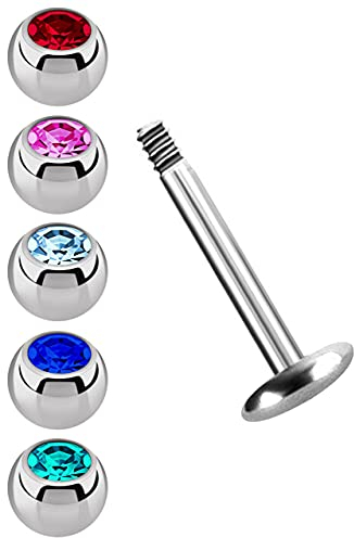 Piercing Set Stahl, 1 x Labret mit 4 mm Platte in 1,2 mm x 6 mm + 5 farbigen Kugeln