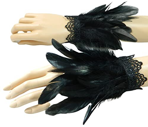 Federarmbänder in schwarz, Federschmuck mit Spitze, Schmuck aus Federn, Raben Kostüm, Gothic Fashion, extravaganter Armschmuck, Flügel