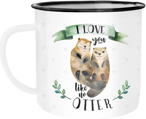 MoonWorks Emaille Tasse Becher Otter Pärchen I love you like no otter Liebe Kaffeetasse Weiss-schwarz-gruen unisize