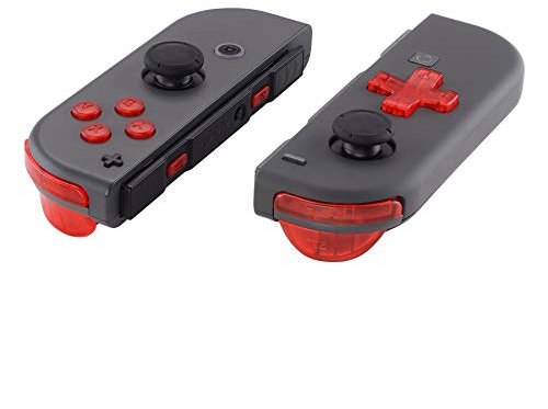 eXtremeRate Full Tasten Set für Switch/Switch OLED Joycon, DIY-Ersatz D-Pad Version Knöpfe ABXY/Steuerkreuz/Trigger Bumper Buttons/+-/SL/SR/Federn-Transparent Rot(Passt D-Pad Joycon Gehäuse)
