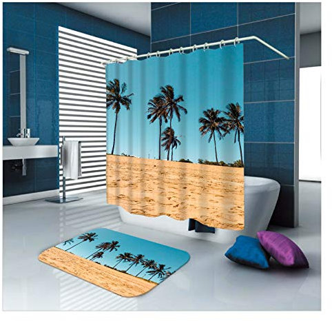 Daesar Badematte Vorleger rutschfest 40x60 Kokospalme am Strand 180x200 cm Badvorhang Vintage, Badematten Set