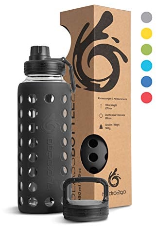 hydro2go Glas Trinkflasche mit Silikonhülle – 100% Auslaufsicher, BPA-frei, Spülmaschinenfest, 2 Auswechselbare Deckel – Ideal für Büro, Fitness, Yoga, Sport & Outdoor (Onyx Black 2.0) – 950 ml