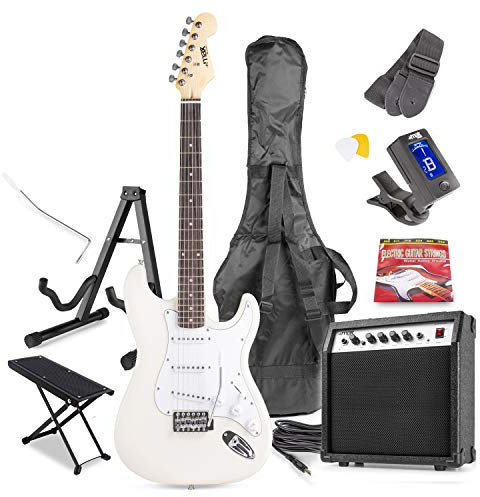 Max Gigkit White Electric Guitar Starter Pack - Complete Beginner Electric Guitars Kit with Amplifier, Guitar Stand, Footstand & 6 Months Lessons - Ideal for Beginner Guitars