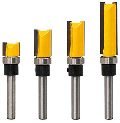 1/4 Inch Shank Pattern Flush Trim Router Bit Set - Carbide Template Top Bearing Router Cutter, 4 Sizes Straight Hinge Mortising Wood Milling Cutter Router Bit Tool for Woodworking Light Work (4)