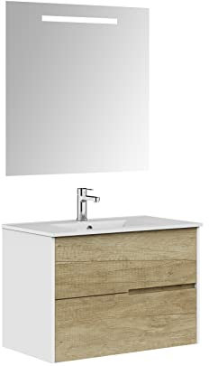 Baikal Badmöbel Gavin, 2 Schubladen, Wandmontage, inklusive Keramikwaschbecken, Verschiedene Ausführungen, Lieferung montiert, mit Spiegel 80 cm Nature