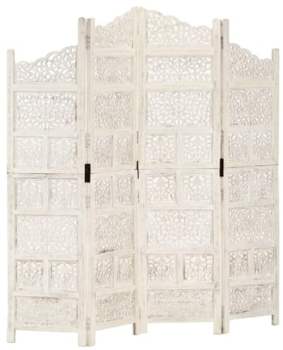 vidaXL Cloison de Séparation 4 Panneaux Séparateur de Pièce Diviseur Cloison de Pièce Paravent Chambre à Coucher Blanc 160x165 cm Bois de Manguier