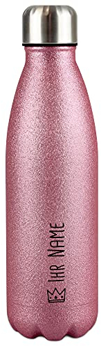 Bouteille d'eau à paillettes en acier inoxydable personnalisable, avec symbole nom et couronne, bouteille isotherme à paillettes, sans BPA, pour voyage, école et sport I Cadeau personnalisé - Rose 500