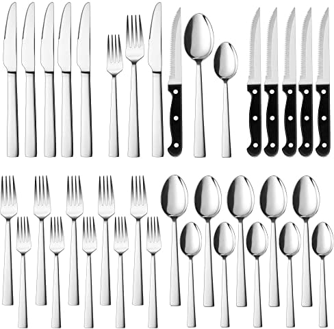 Herogo Couverts de Table, Lot de 36 Couverts en acier Inoxydable avec Couteaux à Steak, Argenté, pour 6 Personnes, Fourchette et Cuillères pour la Maison, le lave-vaisselle et la rouille
