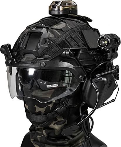 AQzxdc Fast Paintball Helm Sätze, mit Taktischem Headset und Teleskop-Modell, Visier & Schutzbrille, Taschenlampe, Signalblinker, NVG Halterung, für Airsoft Schießen und Jagd Spiel BBS,Bk c