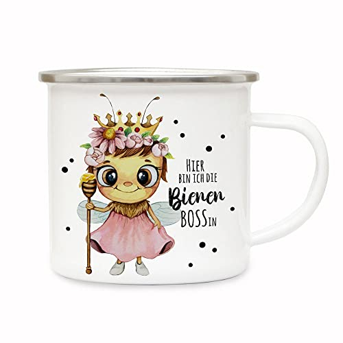 ilka parey wandtattoo-welt Emaille Becher Camping Tasse Geschenk für Imker Imkerei beekeeper Biene Bienchen Bienenkönigin Spruch Hier bin ich die Bienen Bossin Kaffeetasse eb637