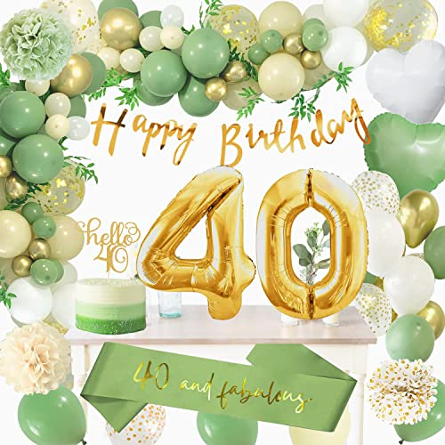 40 Geburtstag Deko Frauen, Geburtstagsdeko 40 Männer, Grün Gold Deko 40 Luftballon mit Happy Birthday Banner, Ballon Girlande Pompons Grün für Frau Mann 40. Geburtstag Dekorationen