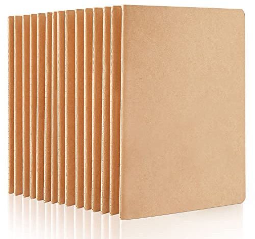 feela 15 Pack A5 Kraft Notebooks, 60 Pages Blank Journal Notepad Bulk | Soft Brown Cover Notebooks for Students Travelers Women Men Making Plans, Writing Memos, Office School Supplies, 14X21cm