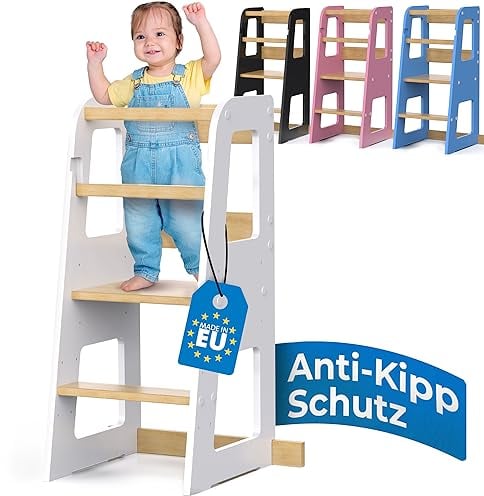 Schwanfeld® Lernturm ab 1 Jahr [ANTI KIPP SCHUTZ] - inkl. Montagezubehör - Montessori Lernturm aus zertifiziertem Massivholz (bis zu 50kg belastbar) - Learning Tower 3 Level (höhenverstellbar)