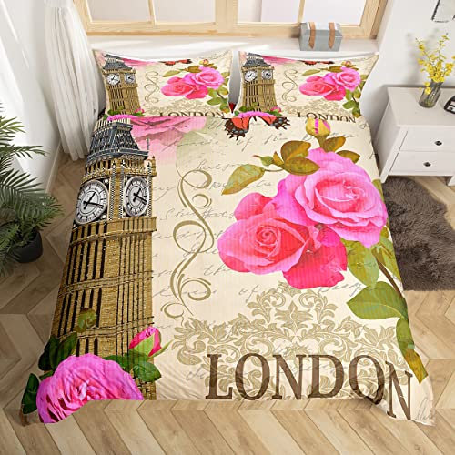 Manfei London Kinder Bettbezug Set M Größe,Big Ben Alte Zeitung Vintage Bettwäsche Set,Jungen Erwachsene,Urban Architectures Blumen Romantische Tröster Abdeckung,Bunte Quilt Cover,1 Kissenbezug
