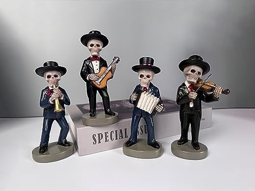 JORAE Skelett-Statue, Mariachi-Band, Totenkopf, Halloween-Figuren, Heimdekorationsset, Tag der Toten, Sammlerstück, Volksmusiker, 14 cm