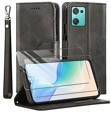 TTYSHTT Kompatibel mit OSCAL C30/C30 PRO Hülle, Leder Flip Stoßfeste Handyhülle, Magnetische Schutzhülle Silikon TPU [Kartenfach] [Standfunktion][2X Displayschutzfolie] Case -Schwarz