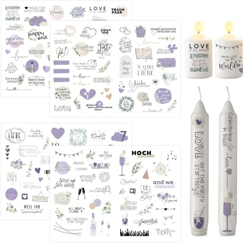 ALLAVA 4 Stück Kerzentattoos, Kerzen Tattoo Hochzeit, Hochzeitskerze Sticker, Wasserschiebefolie Kerzen für Hochzeit Deko, Kerzen Dekorieren, Kerzensprüche (Lila)