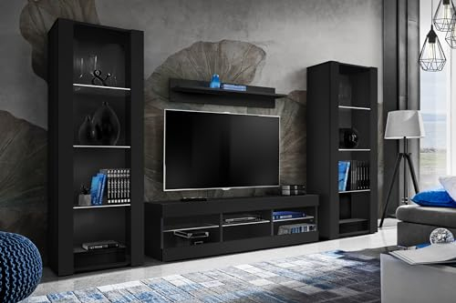 Komodee Wohnwand Wohnzimmerset Tivoli Grande, Schwarz/Schwarz, Breite 250cm x Höhe 159cm x Tiefe 35cm, ohne LED, für Wohnzimmer, Schlafzimmer