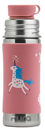 Pura Sport Mini 11oz/325ml Bottle w/Sleeve & Silicone Big Mouth Sport Top - Stainless Steel, Leak-Proof & Spill-Proof for Kids, Toddlers, Preschoolers - Unicorn