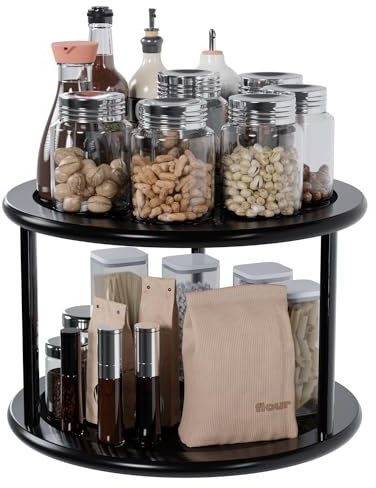 Exabang Drehteller 2 Etagen Gewürzregal, Diameter 25CM, Gewürz Küche Schrank Organizer Gewürzgläser Organizer Spice Rack Gewürzregale für Küchen, Schrank, Speisekammer, Arbeitsplatte (Schwarz)