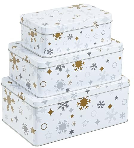 bonsport Keksdosen Set 3-teilig rechteckig - Weihnachten Plätzchendosen Gebäckdosen eckig, Schneestern - weiß/grau/gold