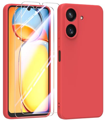 MIKULLE Cover in Silicone per Xiaomi Redmi 13C 4G con 2 Pellicola Vetro Temperato, Custodia Morbido Silicone Ultra Sottile Liquida TPU Antiurto AntiGraffio Case - Rosso