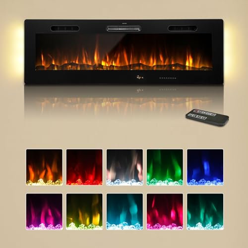 YODOLLA 127cm Electric Fireplace Insert with 10 Color LED Flames, Wall Mounted Media Fireplace with Remote, Touch Screen, Crystal & Log, 1000-2000W